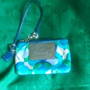 Coach Poppy Blue and Green Wristlet with Silver Detail